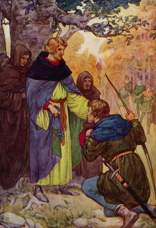"Sire," zei Robin, terwijl hij op zijn knie viel, "Wij van Sherwood eisen een koninklijk pardon" (kleurenlitho) door Harry George Theaker