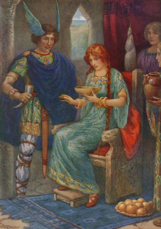 Skyrnir en Gerda, uit "Frey en Gerda" (kleurenlitho) door Harry George Theaker