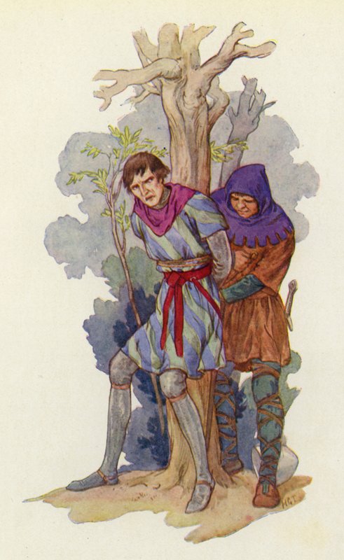 "Haal die ijzeren pot van zijn hoofd," riep Robin, "en bind hem aan een boom" (kleurenlitho) door Harry George Theaker