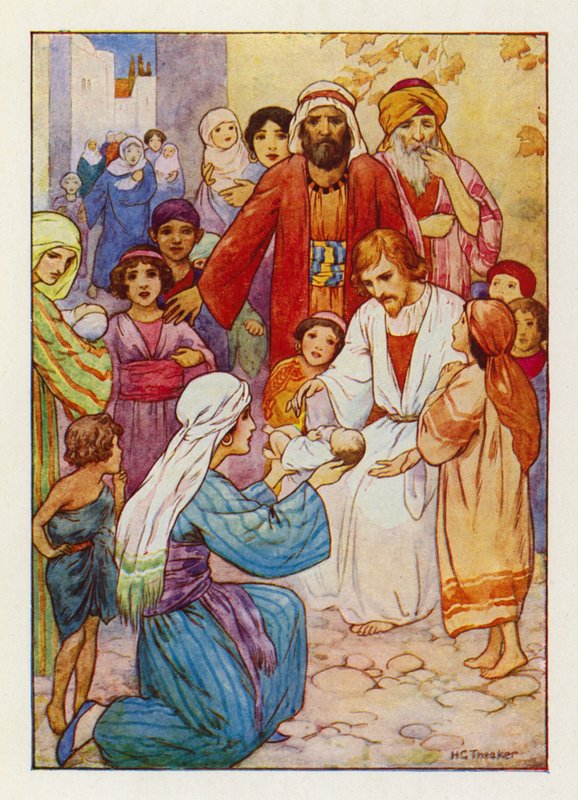 "Laat kleine kinderen tot Mij komen" (kleurenlitho) door Harry George Theaker