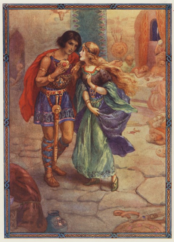 "Neem mij tot je vrouw!", Diarmuid en Grania (kleurenlitho) door Harry George Theaker
