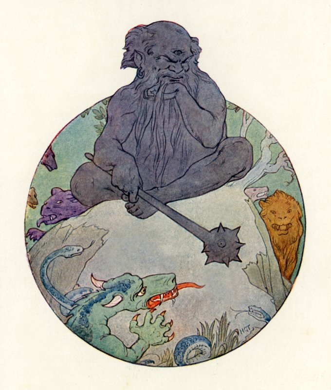 De Grote Zwarte Reus fronste zijn wenkbrauwen naar Sir Gawaine (kleurenlitho) door Harry George Theaker
