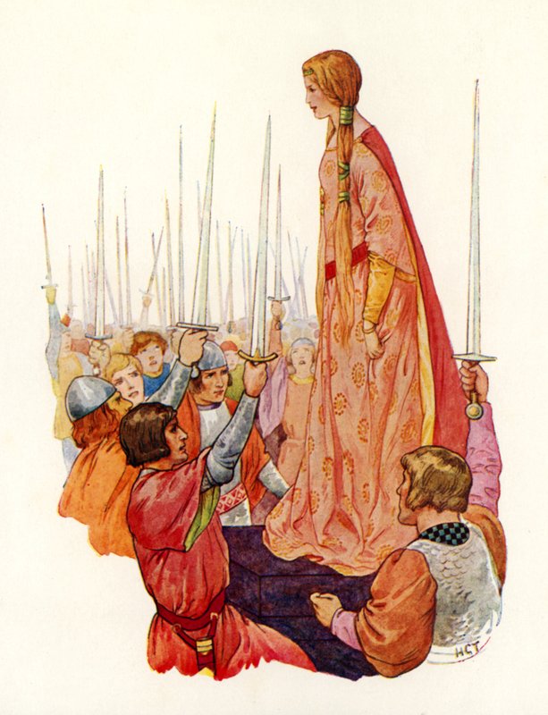 De ridders groeten prinses Guinevere, hun toekomstige koningin (kleurenlitho) door Harry George Theaker