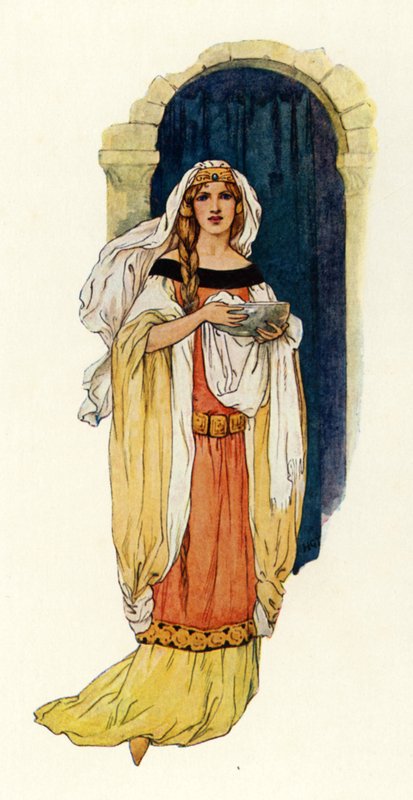 De prinses Guinevere brengt water in een zilveren bekken (kleurenlitho) door Harry George Theaker
