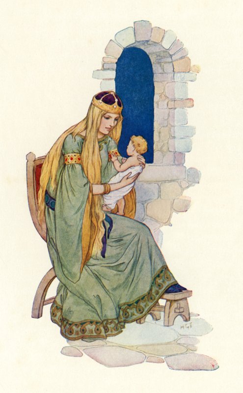 De koningin met kleine Lancelot (kleurenlitho) door Harry George Theaker