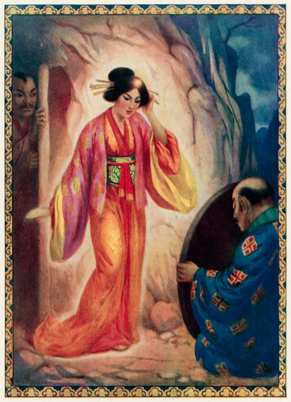 De zonnegodin aanschouwt zichzelf in de spiegel (kleurenlitho) door Harry George Theaker