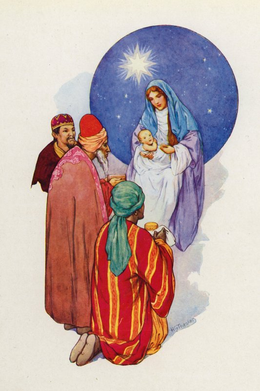 De wijzen zagen het jonge kind met Maria zijn moeder, vielen neer en aanbaden Hem (kleurenlitho) door Harry George Theaker