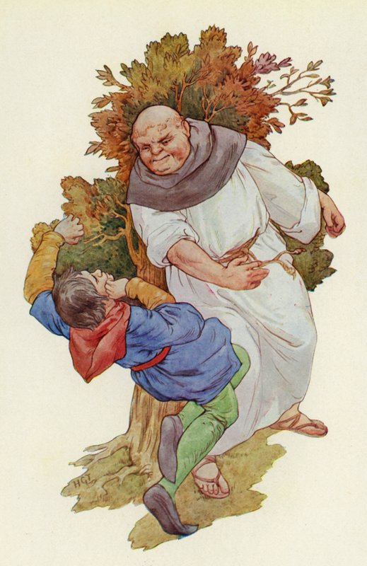 De klap viel met een daverende smak en stuurde Much over zijn volle lengte op het gras (kleurenlitho) door Harry George Theaker