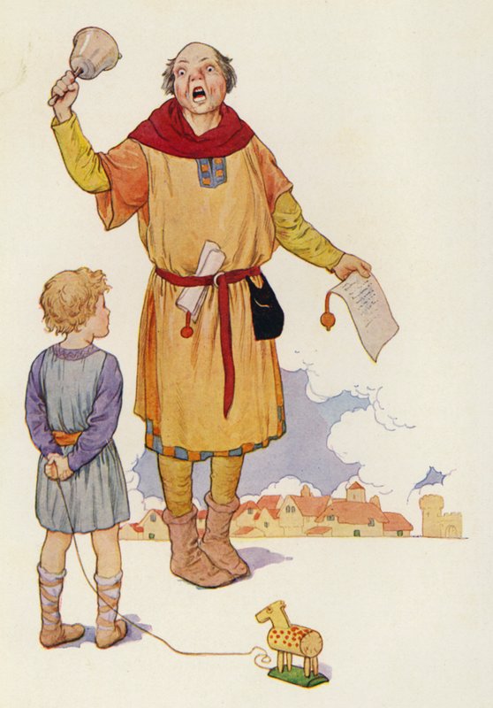 De omroeper verkondigde het nieuws en de hele stad gonsde van opwinding (kleurenlitho) door Harry George Theaker