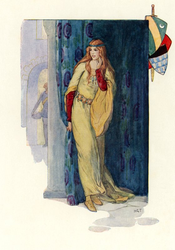 De stomme meisjesroos verstopt zich achter een gordijn (kleurenlitho) door Harry George Theaker