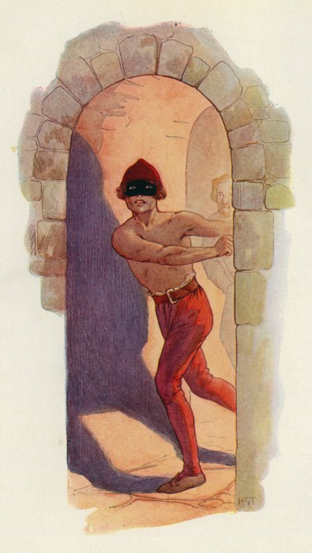 De eerste van hen was bloot vanaf de taille en droeg een zwart masker (kleurenlitho) door Harry George Theaker