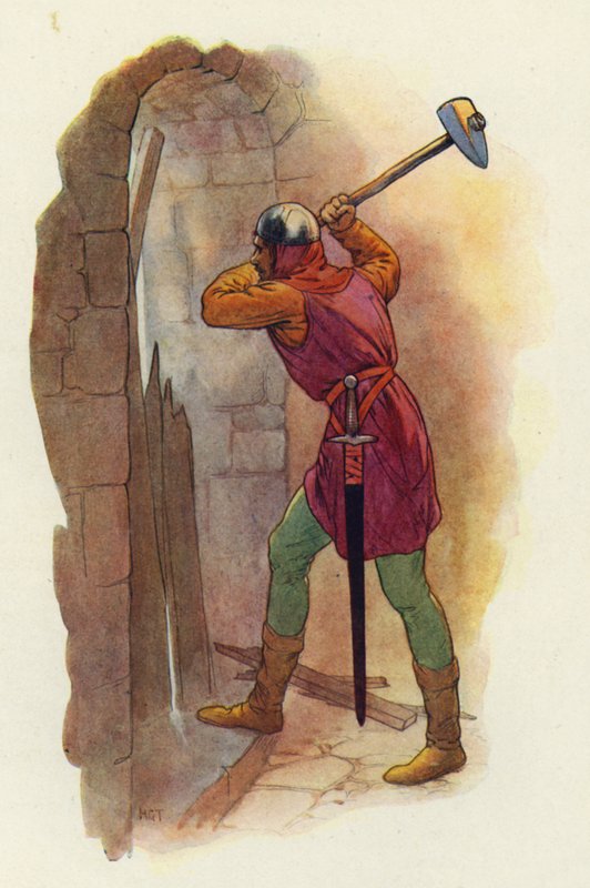 De hamer zwaaide opnieuw, en met een tweede verpletterende slag barstte hen een uitweg (kleurenlitho) door Harry George Theaker