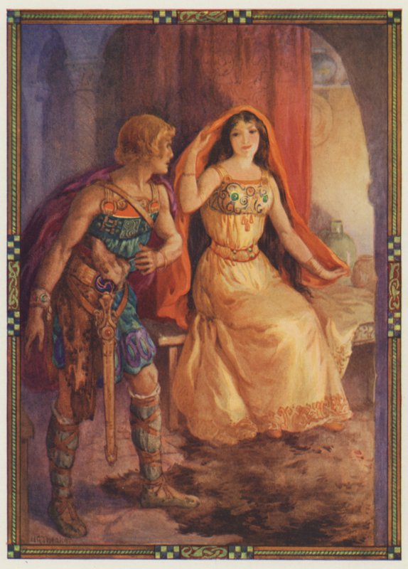 "De dame onthulde haar gezicht", The Loathly Lady and the Gallant Knight (kleurenlitho) door Harry George Theaker