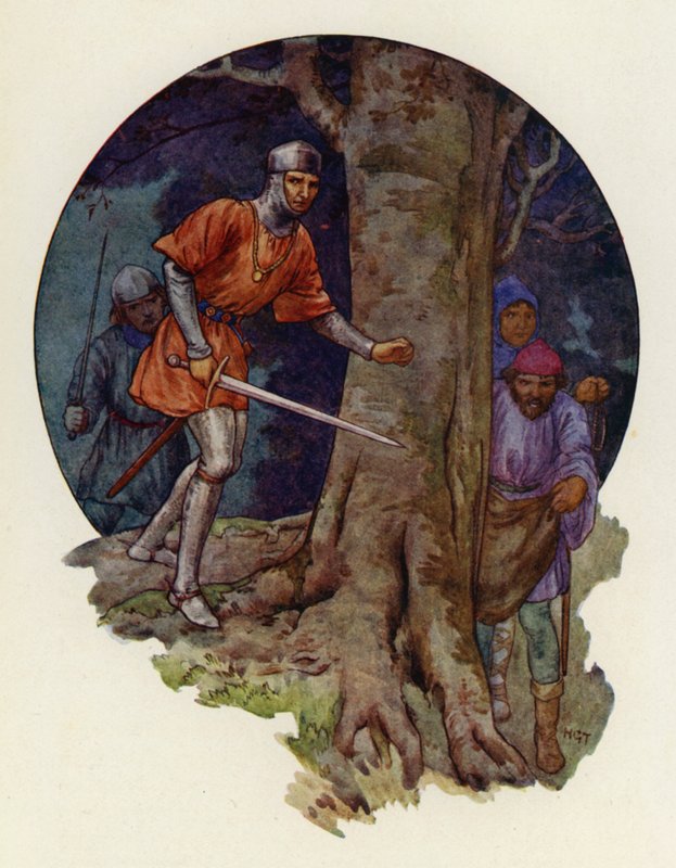 "Eindelijk de vogelvrijen!" riep de sheriff, en met getrokken zwaard rende hij naar de plek waar de figuren waren verdwenen (kleurenlitho) door Harry George Theaker