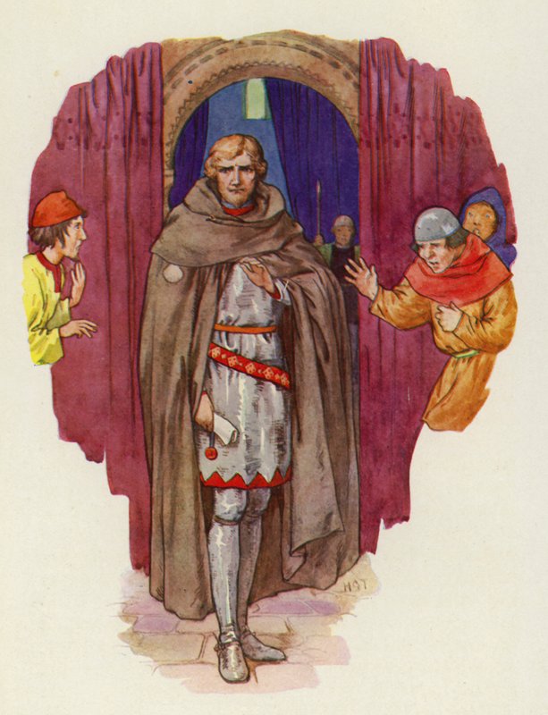 De palmer wierp zijn kap terug en zijn gewaad ging open en toonde hem in vol ornaat (kleurenlitho) door Harry George Theaker