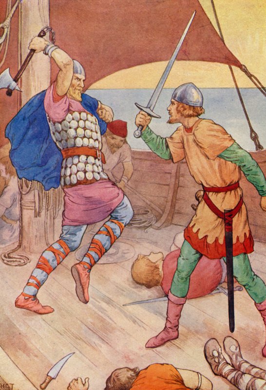 De piratenleider sprong op Robin af (kleurenlitho) door Harry George Theaker