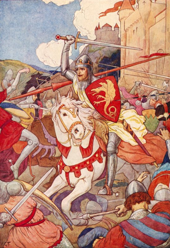De vreemde ridder met zwaaiend zwaard (kleurenlitho) door Harry George Theaker