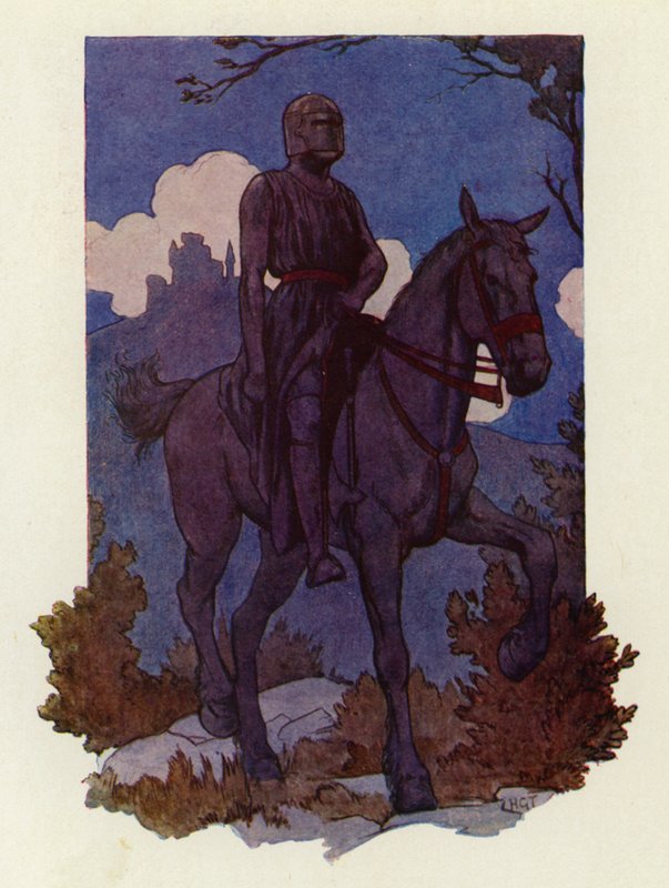 De vreemde ridder kwam op hen af, rijdend op een groot zwart paard en geheel in het zwart gewapend (kleurenlitho) door Harry George Theaker