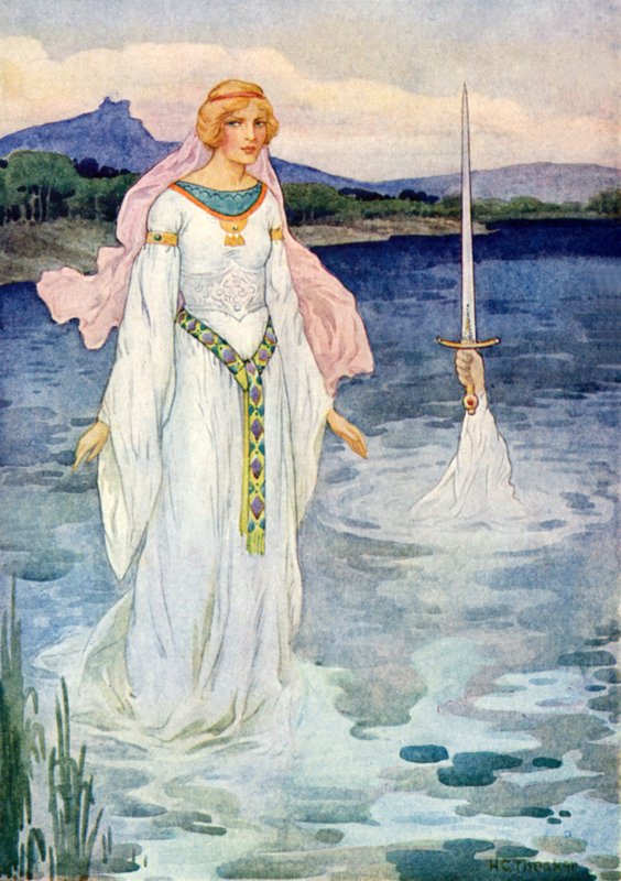 Het zwaard en de Vrouwe van het meer (kleurenlitho) door Harry George Theaker