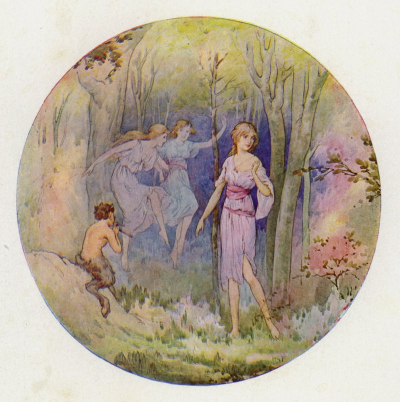 De bosnimfen die dansten in het zonlicht en het maanlicht (kleurenlitho) door Harry George Theaker