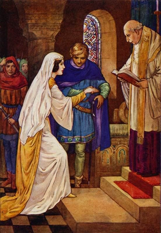 Daarna trouwde de priester met hen (kleurenlitho) door Harry George Theaker