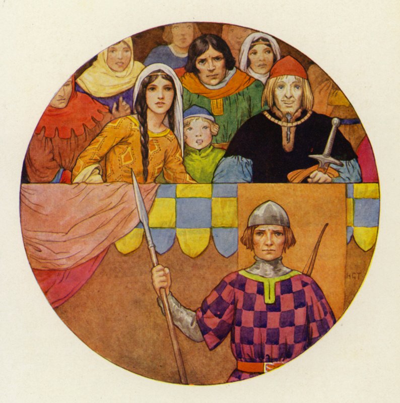 Er was een schitterende bijeenkomst van ridders en dames op de tribune (kleurenlitho) door Harry George Theaker