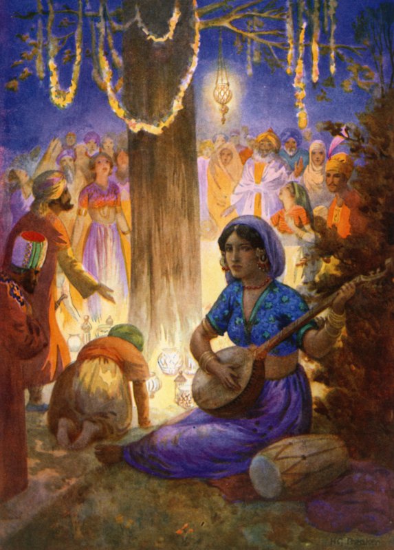 "Ze kwamen met slingers, lampen en muziek" (kleurenlitho) door Harry George Theaker