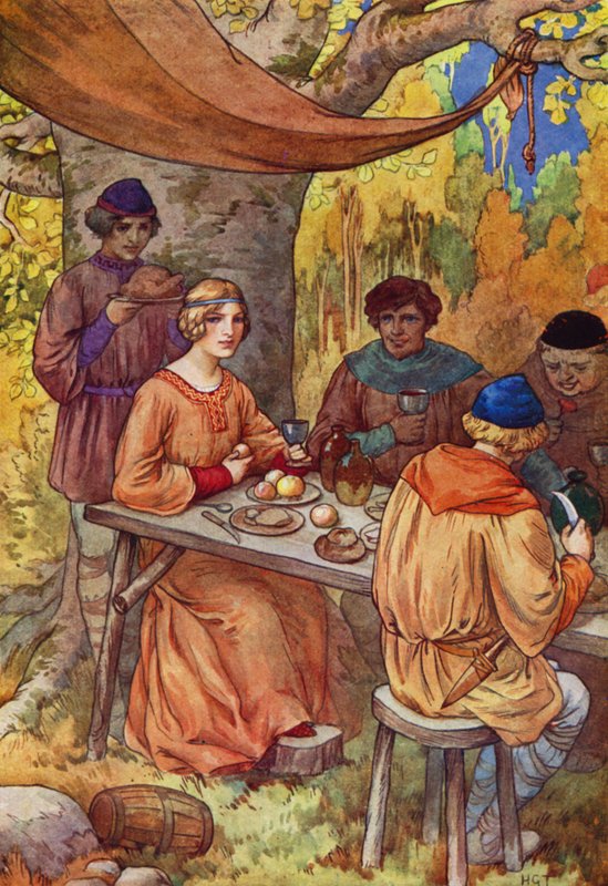 Ze vierden feest met Marion op hun tafel (kleurenlitho) door Harry George Theaker