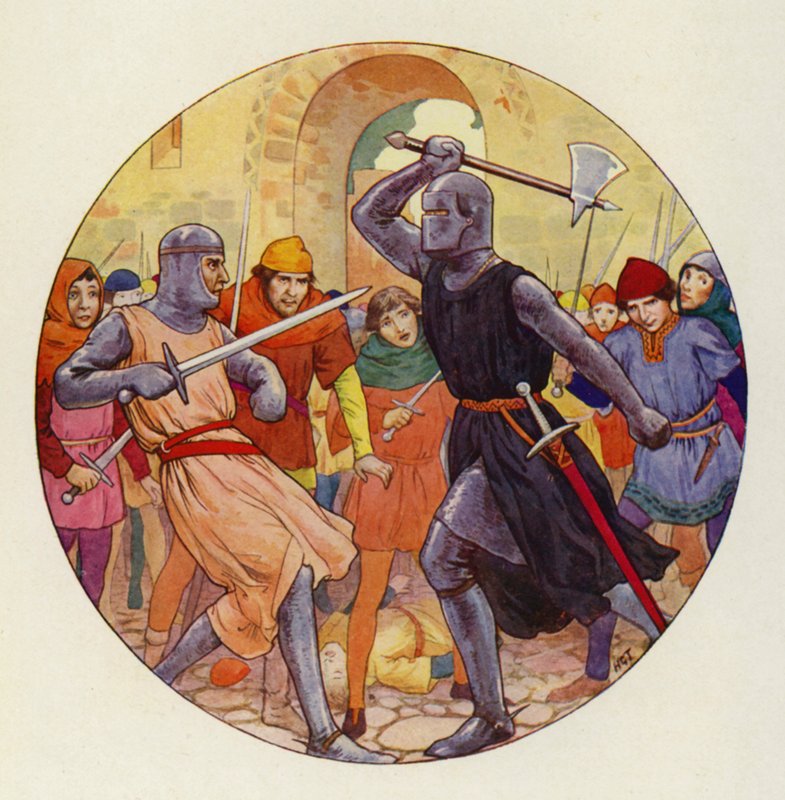 Drie keer stootte Isambart, en drie keer ging de stoot wijd (kleurenlitho) door Harry George Theaker