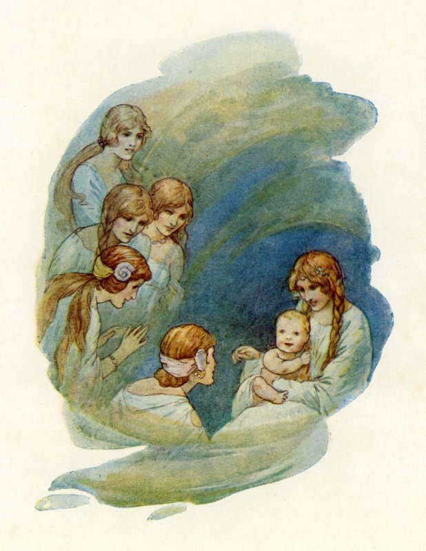 Kleine Lancelot wordt wakker en lacht (kleurenlitho) door Harry George Theaker