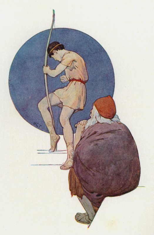 Odysseus keek naar de edelen terwijl ze de een na de ander probeerden de grote boog te buigen (kleurenlitho) door Harry George Theaker