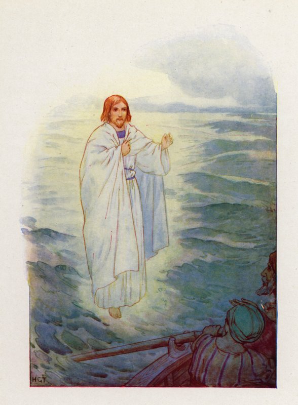 Lopend op de golvende zee zagen de vissers de figuur van Jezus (kleurenlitho) door Harry George Theaker