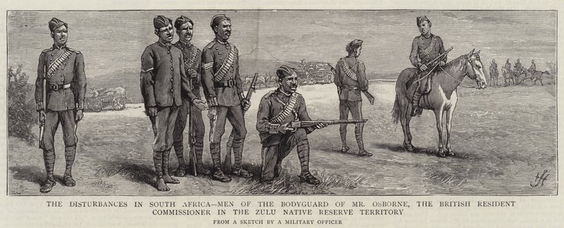 De onrusten in Zuid-Afrika, mannen van de lijfwacht van Mr Osborne, de Britse resident-commissaris in het Zulu Native Reserve Territory door Harry Hamilton Johnston