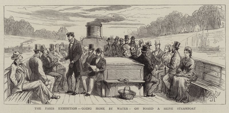 De Parijse tentoonstelling, naar huis gaan over water, aan boord van een Seine-stoomboot door Harry Hamilton Johnston