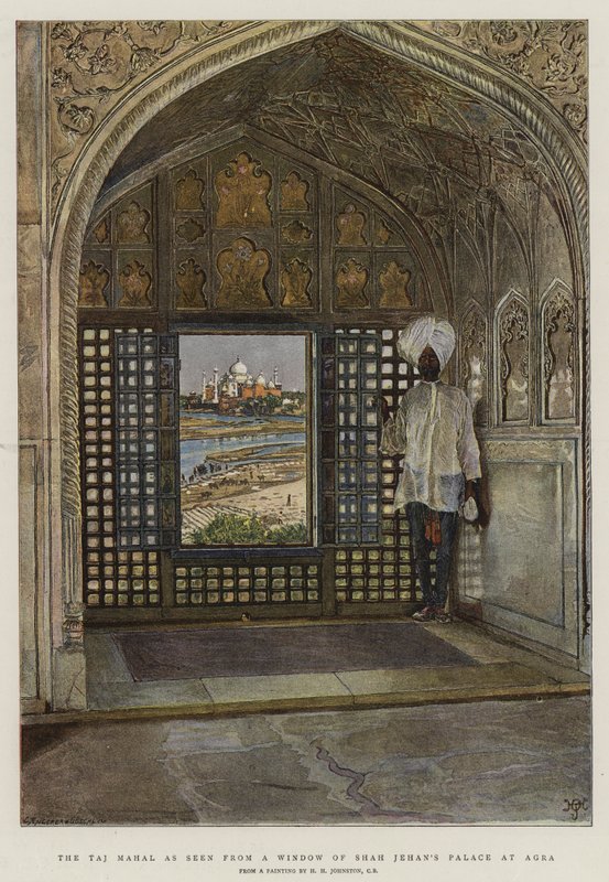 De Taj Mahal gezien vanuit een raam van het paleis van Shah Jehan in Agra door Harry Hamilton Johnston