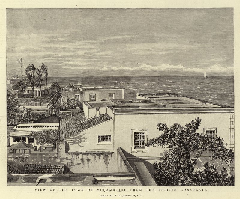Uitzicht op de stad Mocambique vanaf het Britse consulaat door Harry Hamilton Johnston