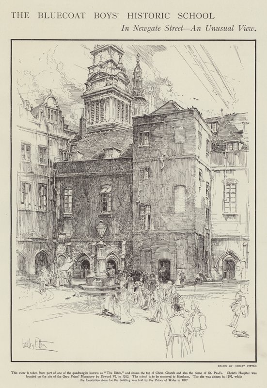 De historische school van de Bluecoat Boys in Newgate Street, Londen door Hedley Fitton