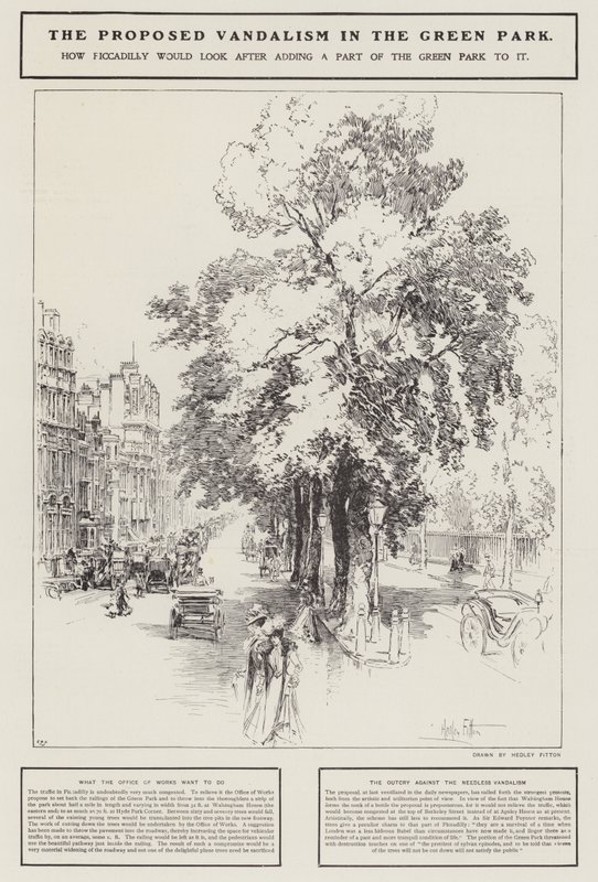 Het voorgestelde vandalisme in het Green Park, Londen door Hedley Fitton