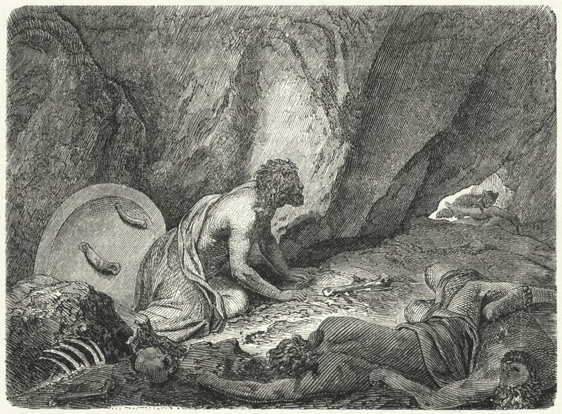 Aristomenes ontsnapt uit de put waarin hij door de Spartanen was gegooid (gravure) door Heinrich Leutemann