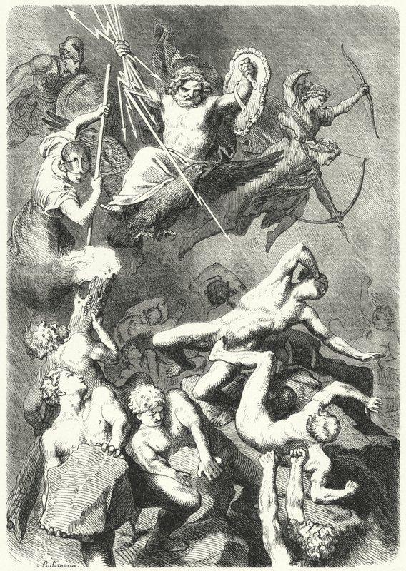 Slag tussen de oude Griekse goden en de Titanen (gravure) door Heinrich Leutemann