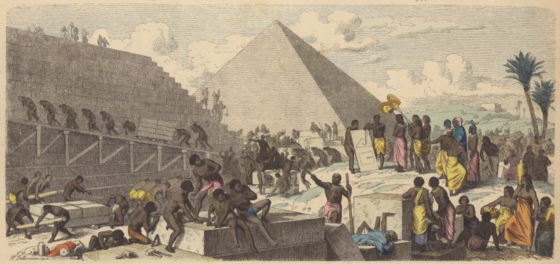 Bouw van de piramides in het oude Egypte (gekleurde gravure) door Heinrich Leutemann