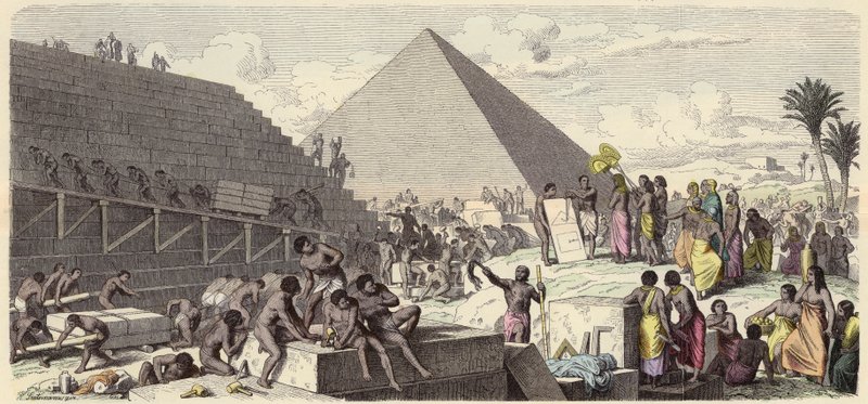 Bouw van de piramides in het oude Egypte (gekleurde gravure) door Heinrich Leutemann