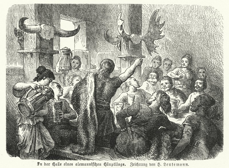 Feest in de hal van een Germaanse stamhoofd (gravure) door Heinrich Leutemann