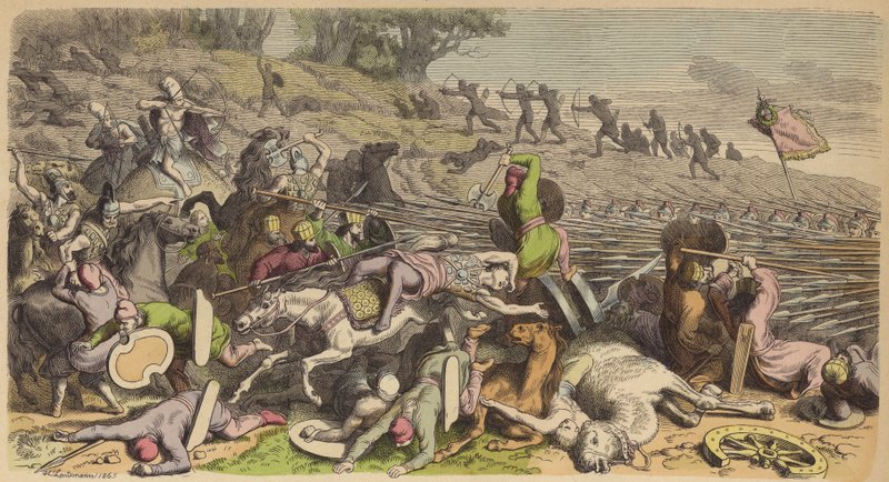 Macedonische falanx in een gevecht met de Perzen door Heinrich Leutemann
