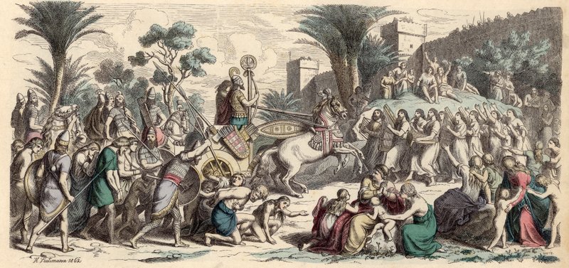 Ontvangst van een zegevierende Assyrische leger (gekleurde gravure) door Heinrich Leutemann