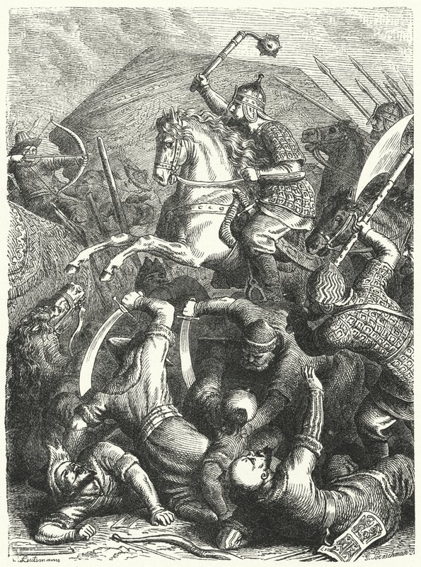 De Kozakken militaire commandant Yermak Timofeyevich in gevecht met de Tataren van Kuchum Khan door Heinrich Leutemann