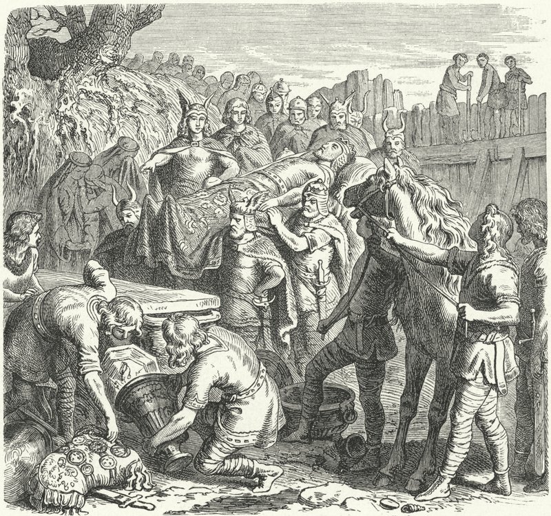 De begrafenis van Alarik I, koning van de Visigoten, in de bedding van de rivier Busento, 410 door Heinrich Leutemann