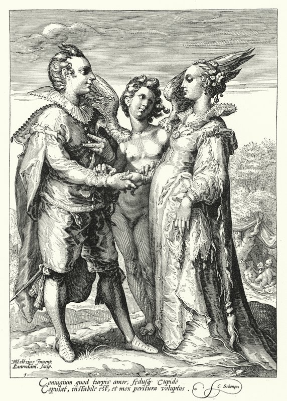Huwelijk uit liefde voltrokken door Cupido door Hendrik (after) Goltzius
