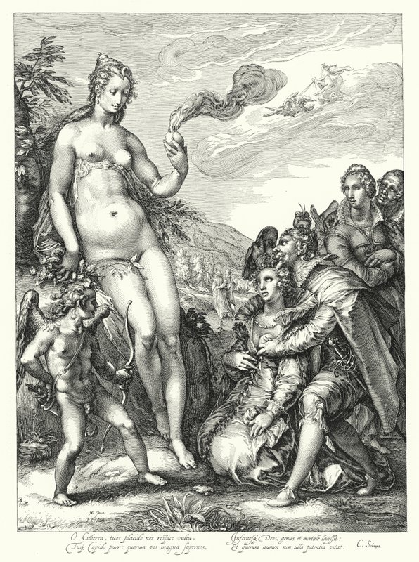 Venus, Cupido en de twee paren geliefden (gravure) door Hendrik (after) Goltzius