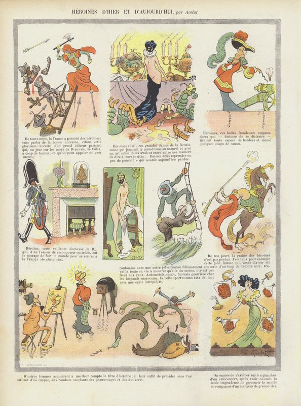 Heldinnen van vroeger en nu. Illustratie voor Le Rire door Henri Avelot